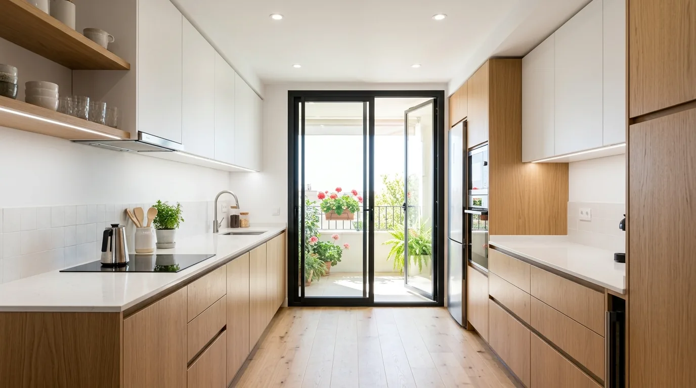 Minimal condo kitchen with one-tone cabinetry and concealed pulls