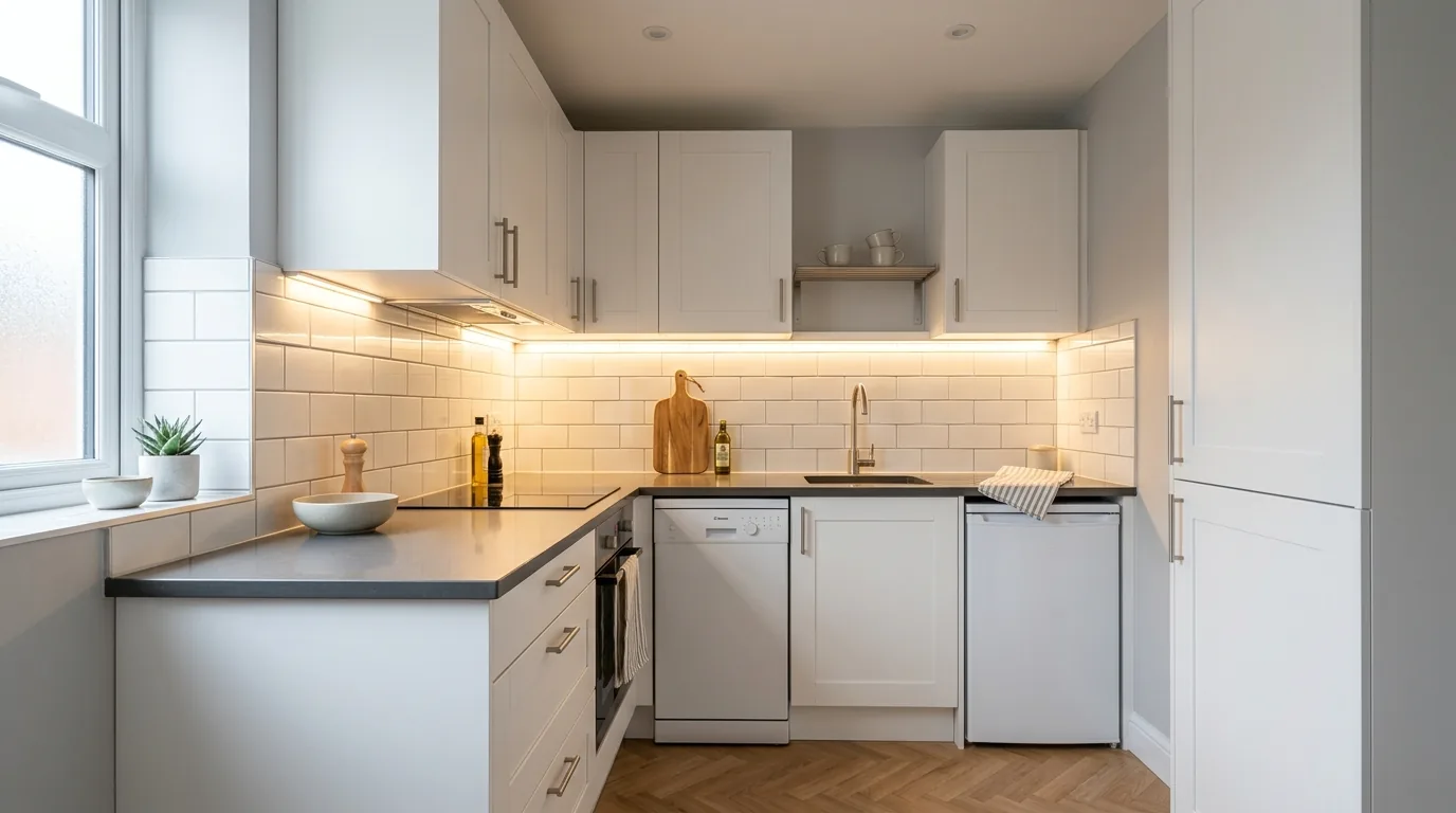 Small kitchen with glass-front uppers and interior lighting