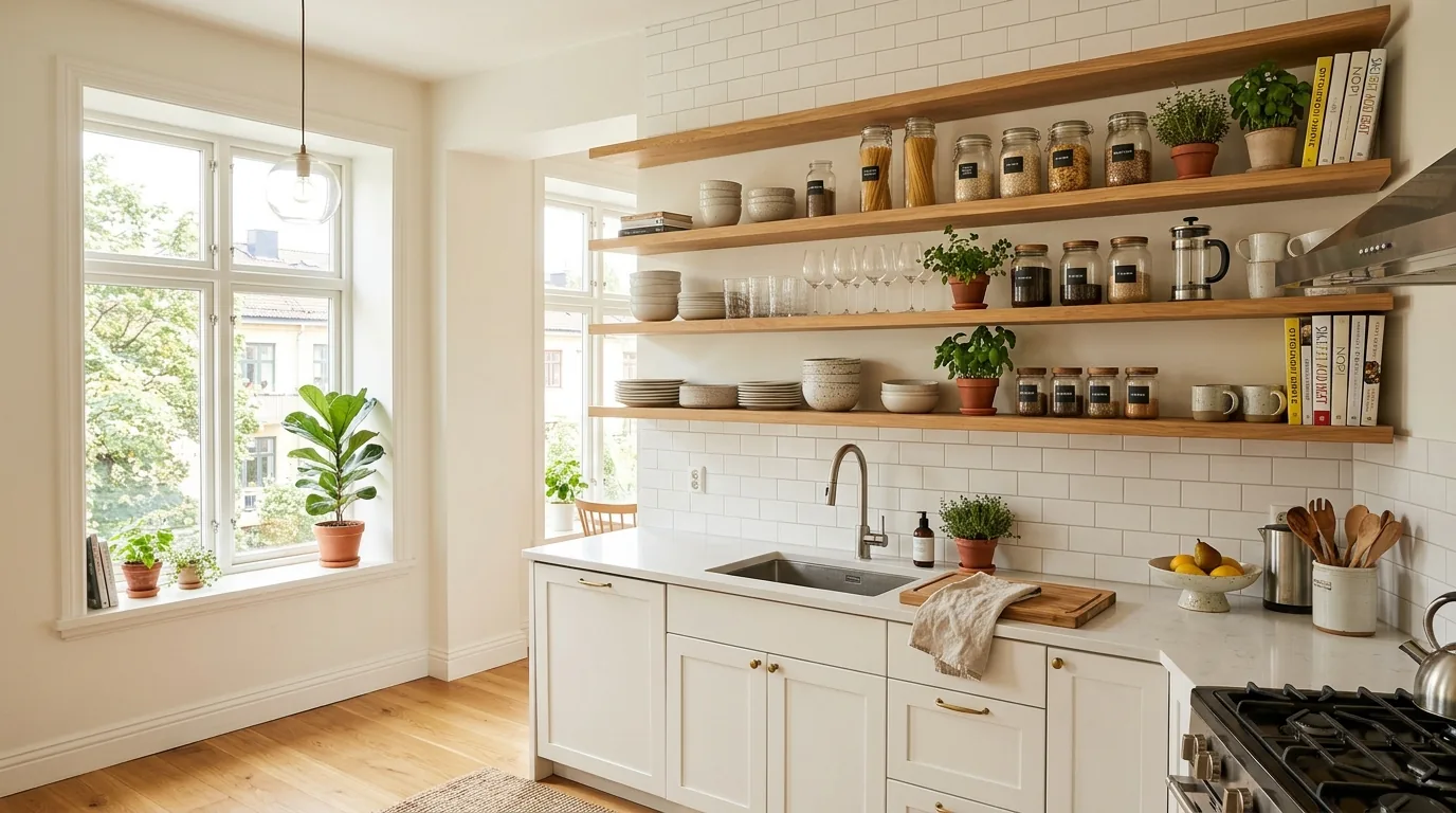 Renter-friendly kitchen with stylish portable island and plug-in sconces
