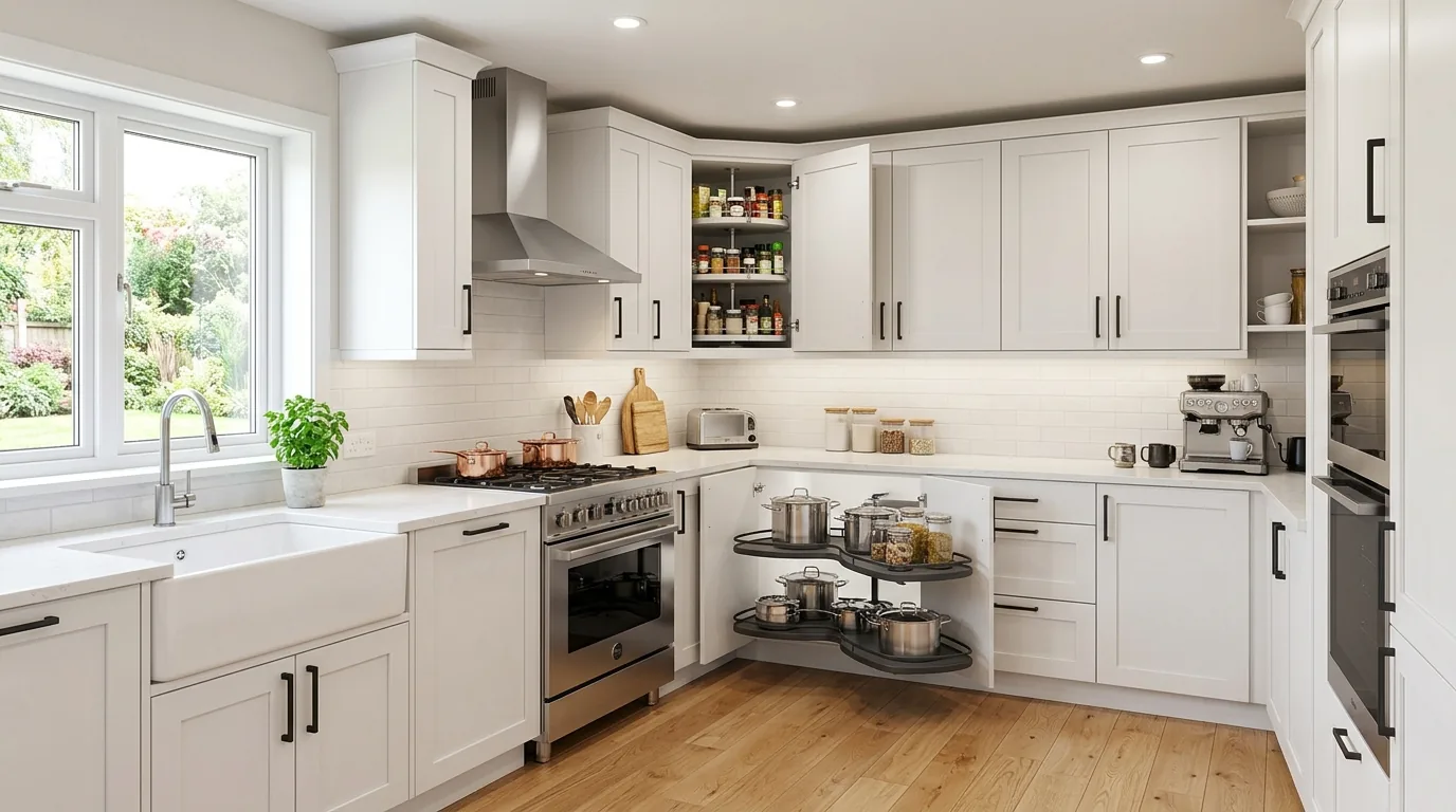 Small condo kitchen with peninsula breakfast bar and two slim stools