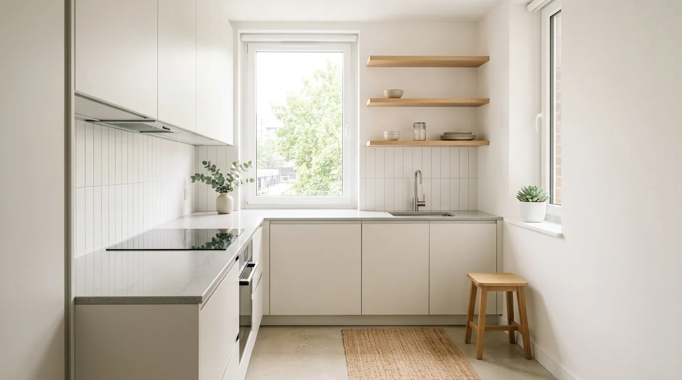 Scandinavian apartment kitchen with paper pendant and simple oak shelving