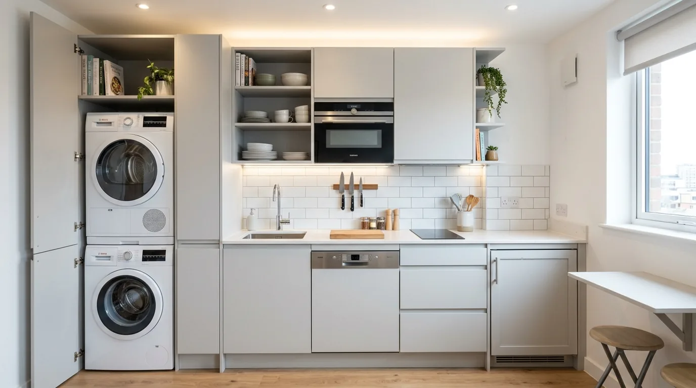 Urban kitchen with dark lowers and bright uppers