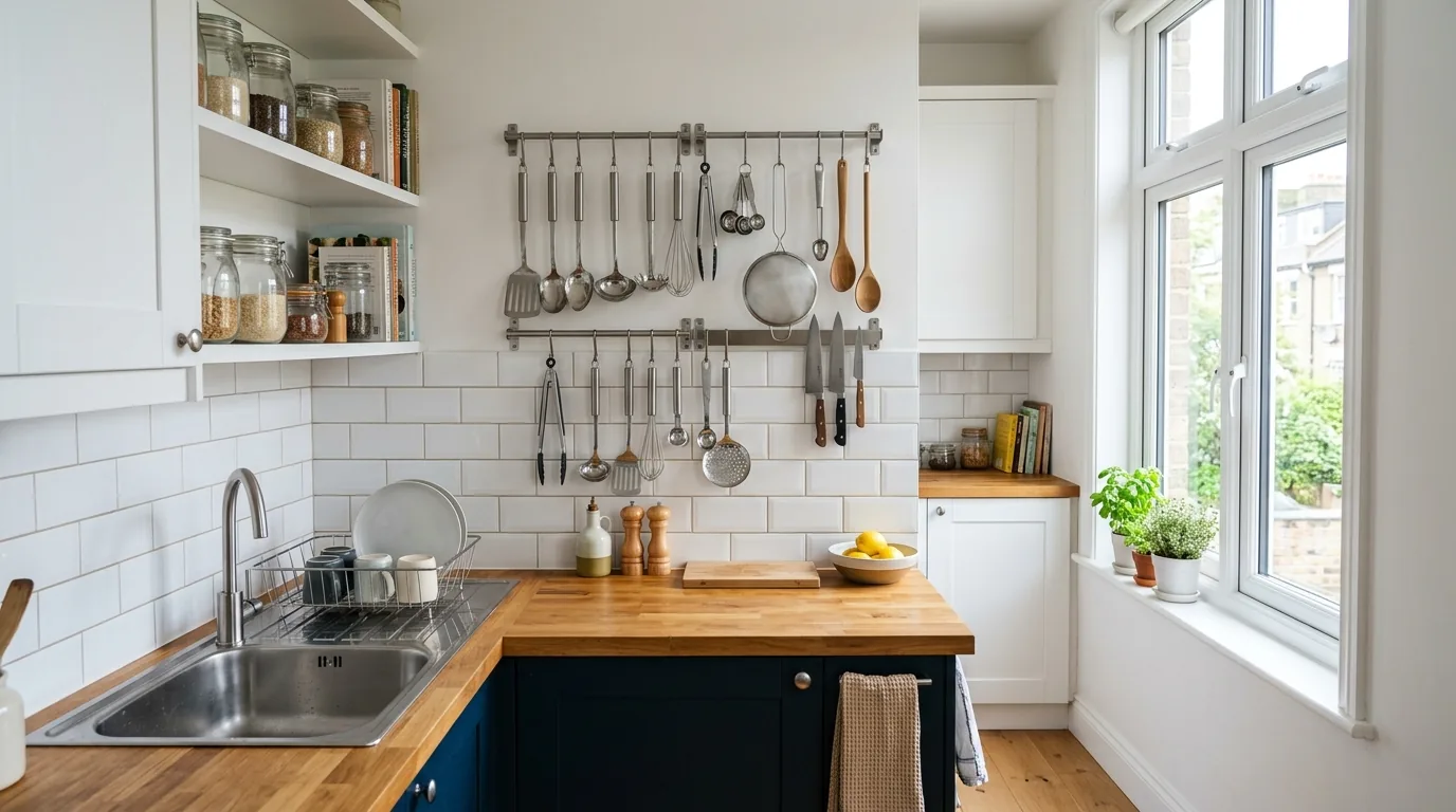 Tiny kitchen with toe-kick drawers and hidden coffee station