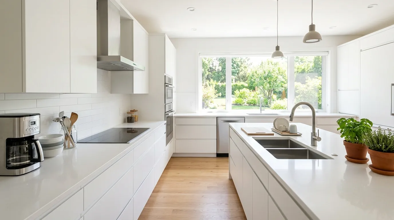 Cinematic apartment kitchen with layered lighting