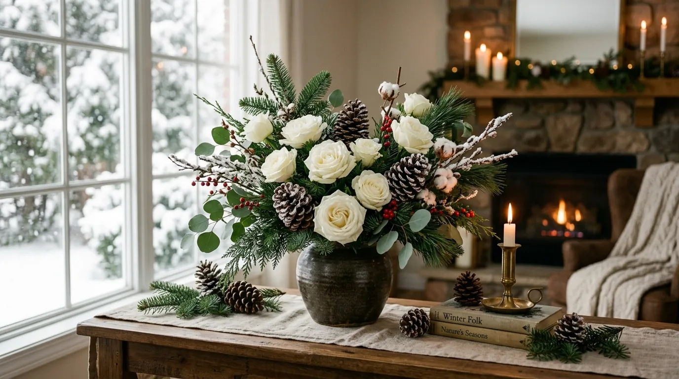 Winter arrangement with white amaryllis and evergreen stems in stone vessel