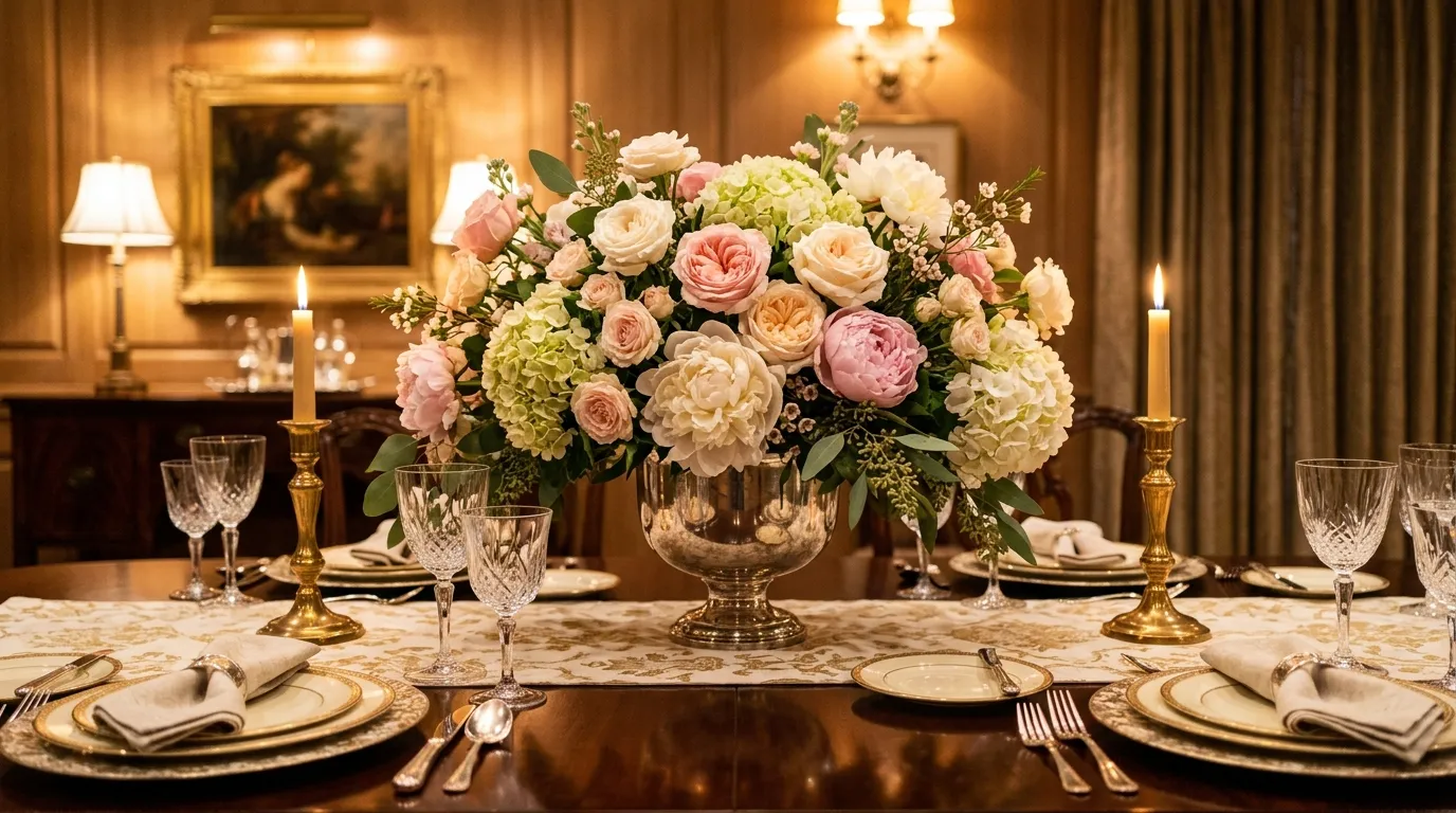 Coastal arrangement with hydrangeas and pale blue accents in woven-texture vase