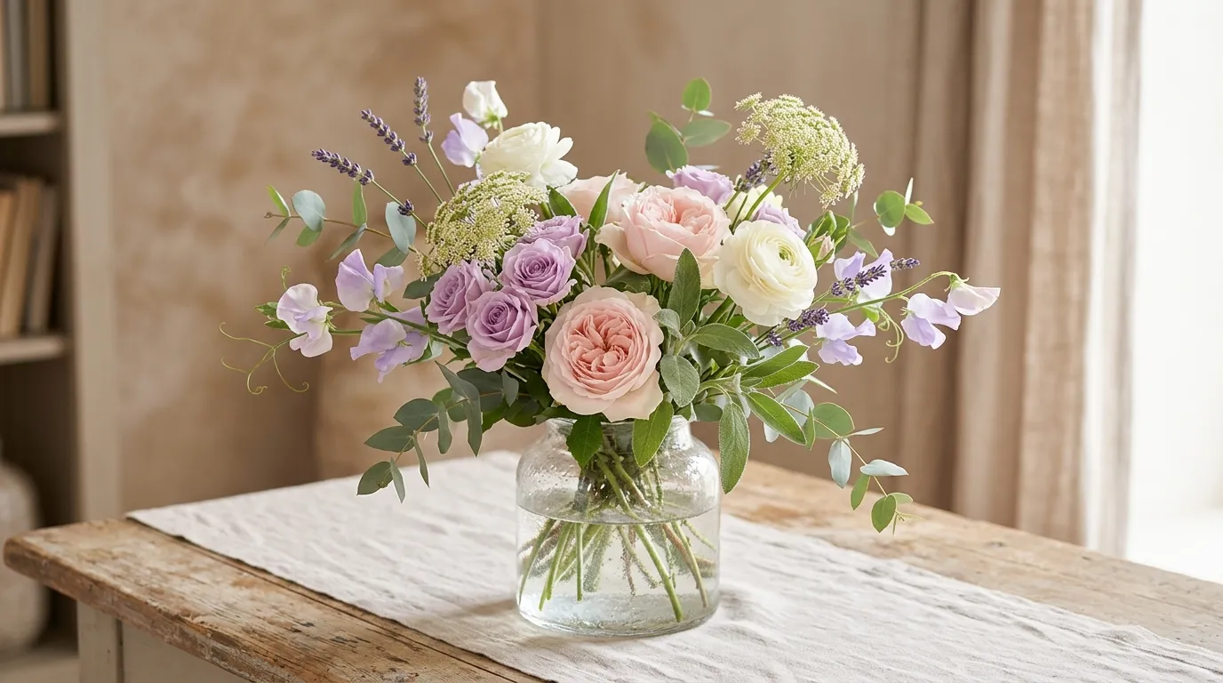Luxury floral display with monochrome white blooms and marble surface styling