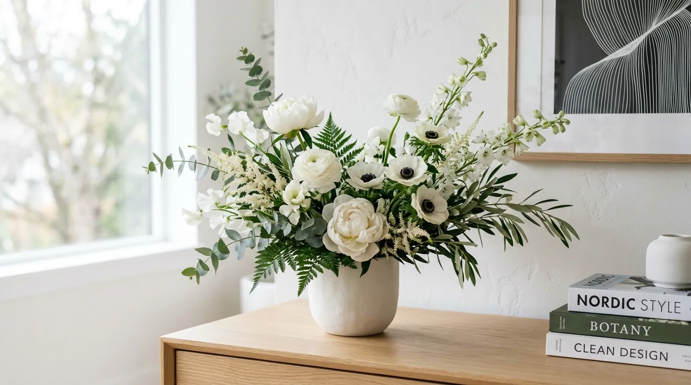Bedside bouquet with blush roses and soft foliage in petite ribbed vase