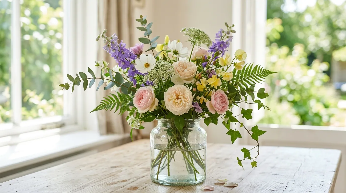 Dining console arrangement with branches and seasonal fruit tones