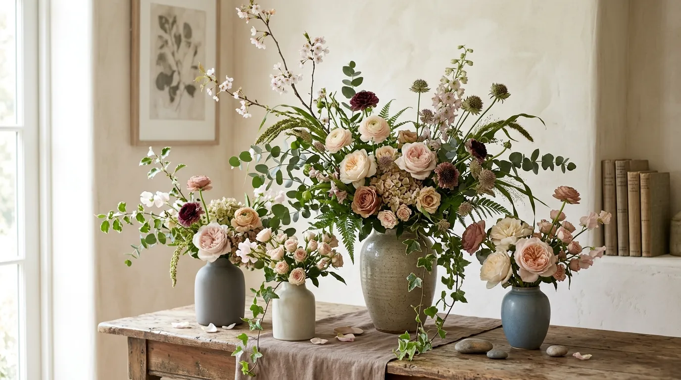 Scandinavian floral styling with simple stems in matte vessel