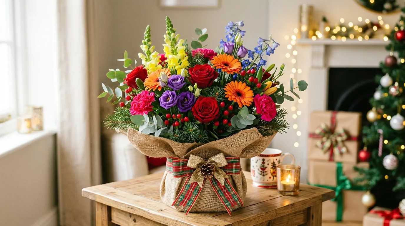 Cinematic fresh flower arrangement with layered color