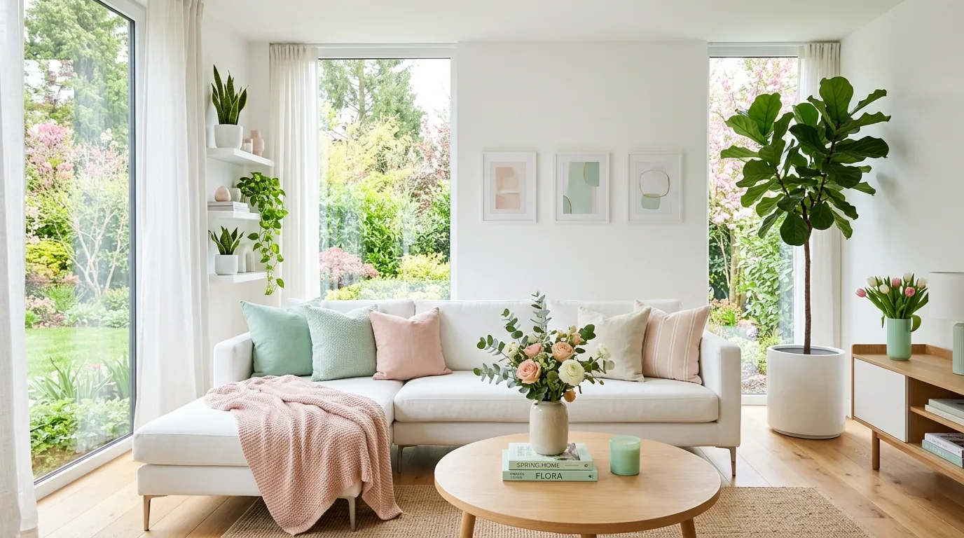 Modern living room styled for spring with white sectional sofa