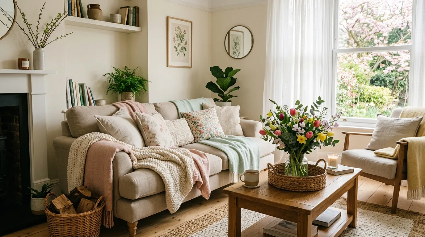 Cozy spring living room with neutral sofa layered with soft pastel blankets