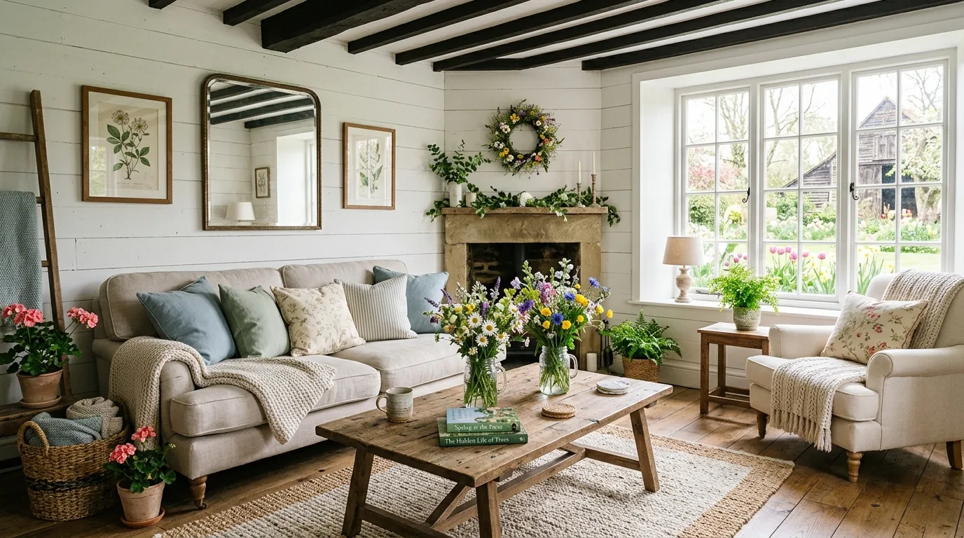Farmhouse spring living room with white shiplap walls