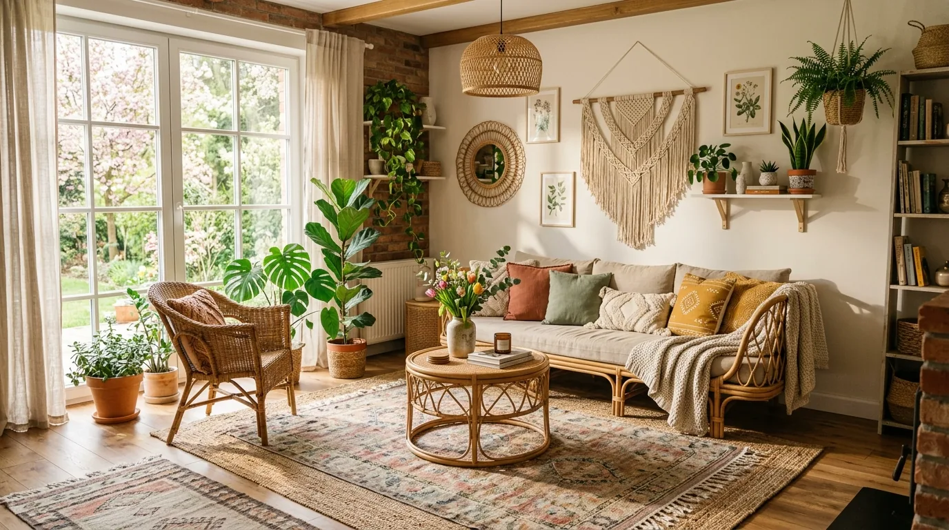 Boho spring living room with rattan furniture