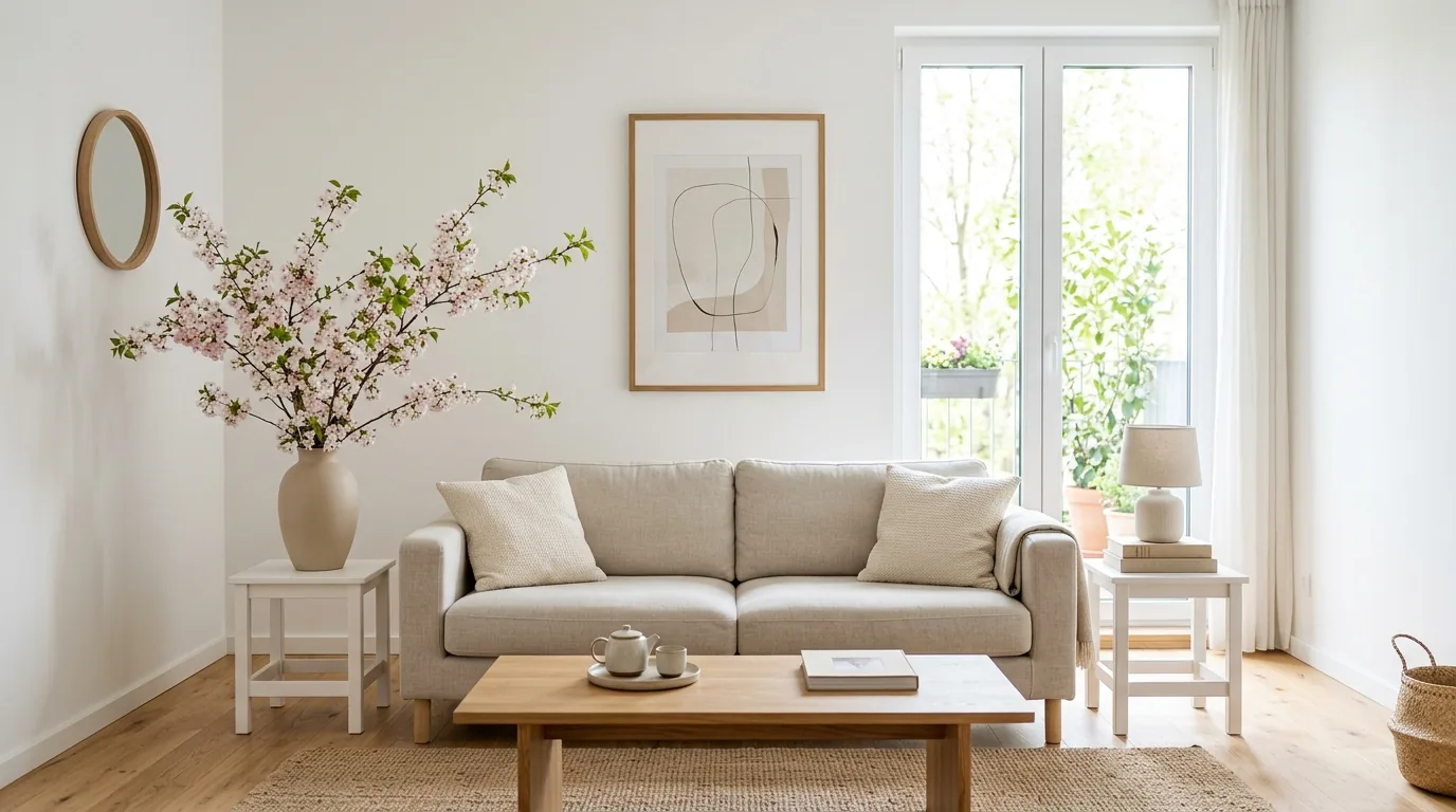 Minimalist spring living room with clean white walls