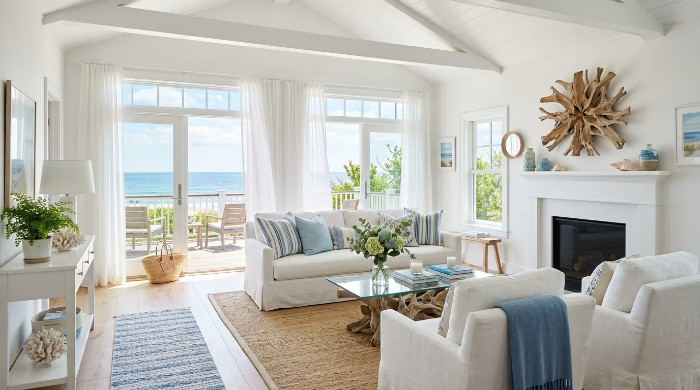 Coastal spring living room with white and light blue color scheme
