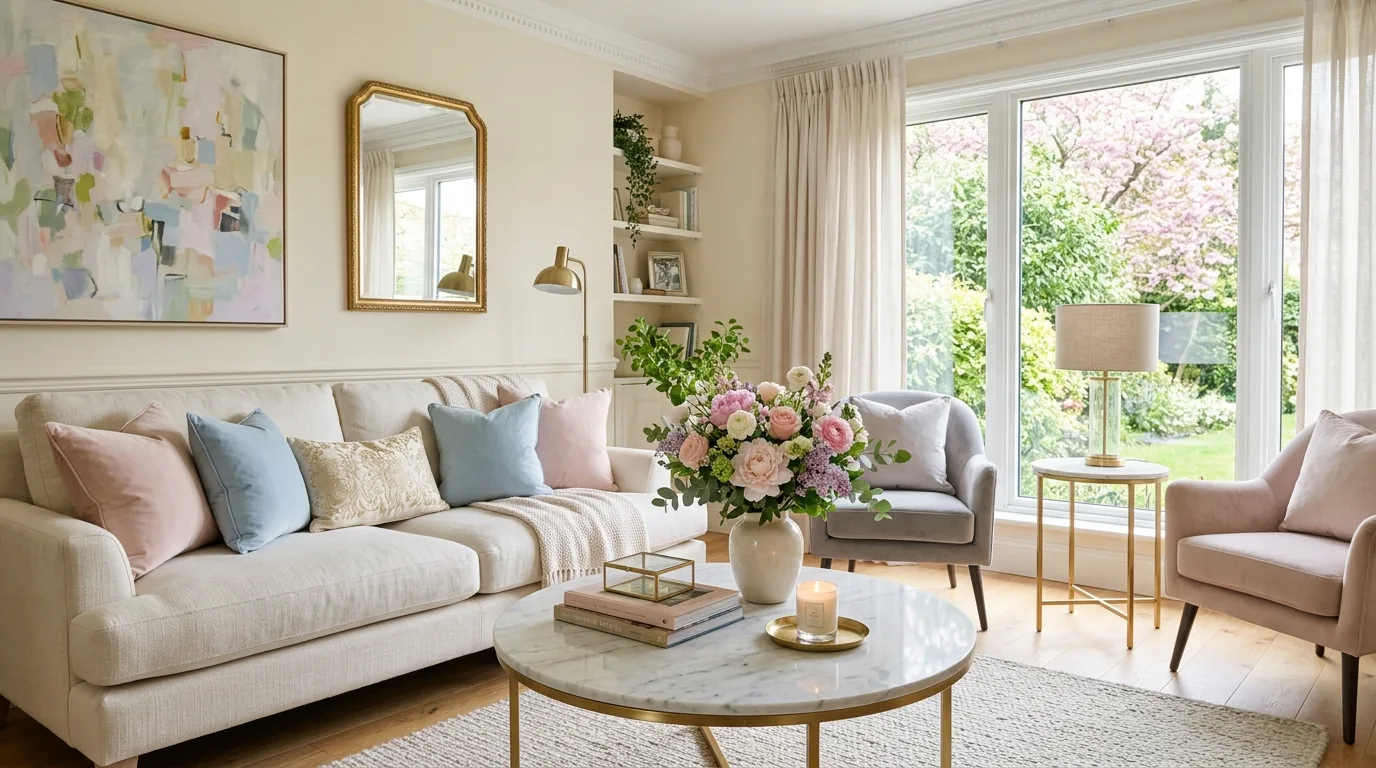 Elegant spring living room with cream sofa