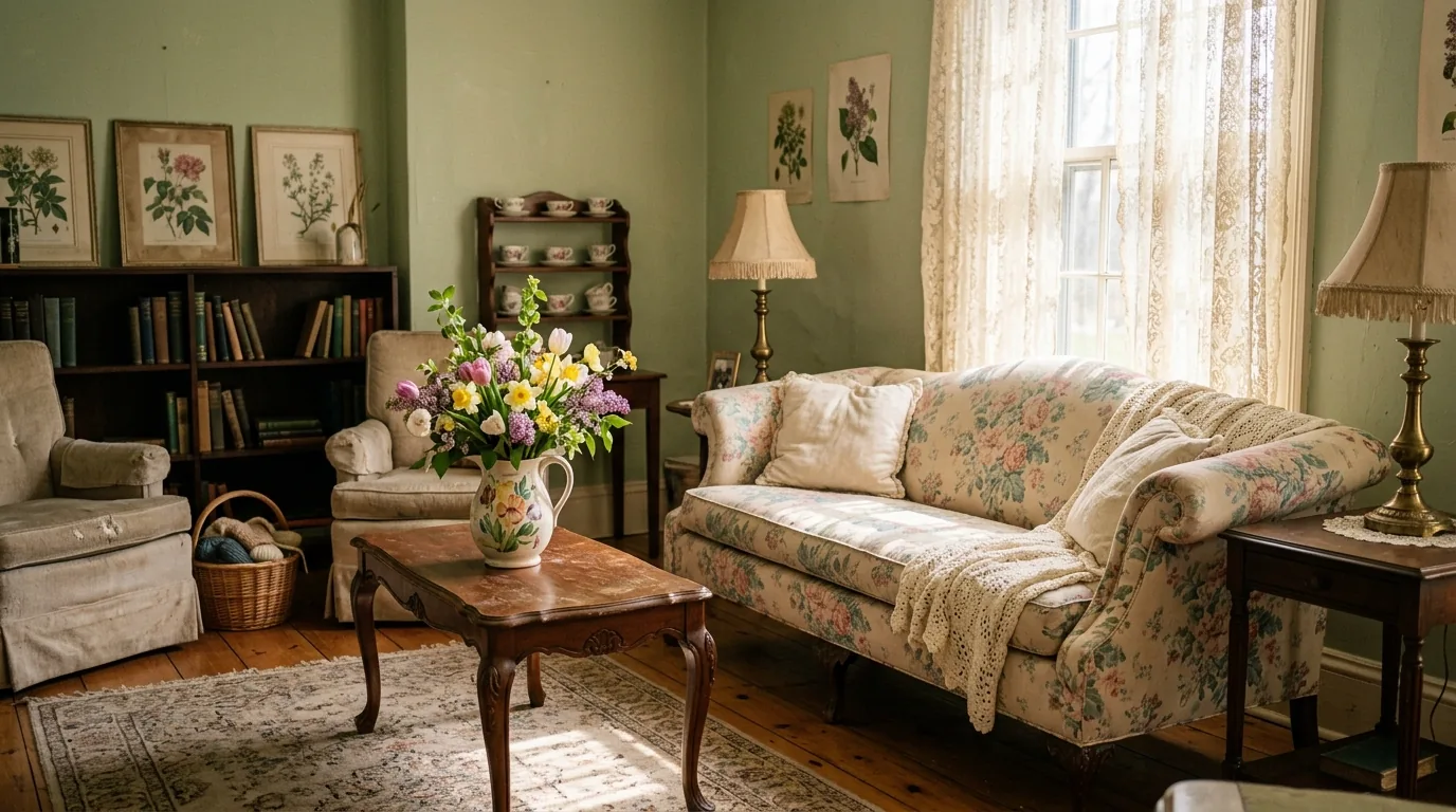 Vintage spring living room with antique furniture
