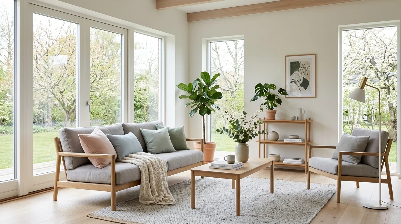 Scandinavian spring living room with light wood furniture