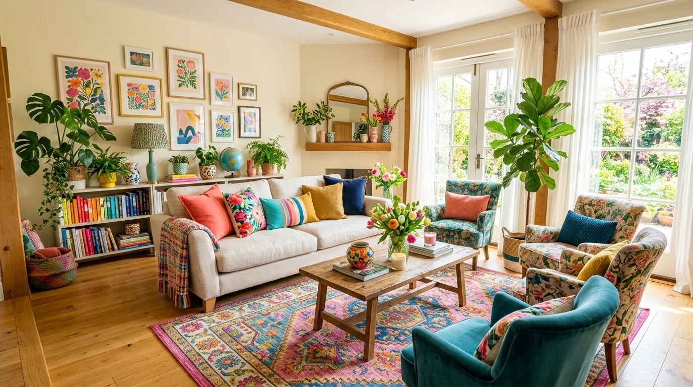 Colorful spring living room with vibrant cushions and floral patterns