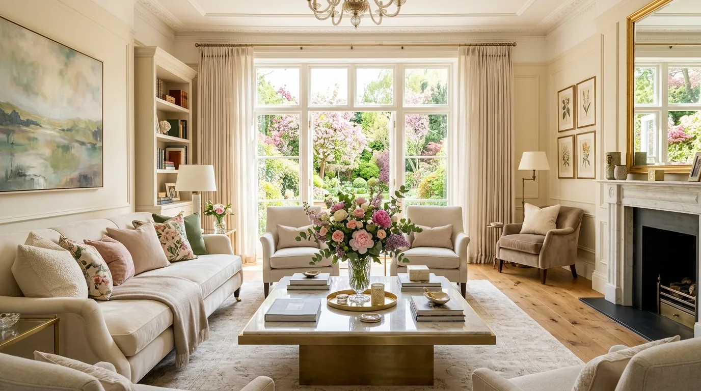 Luxury spring living room with plush seating