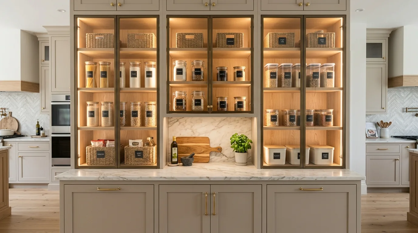 Walk in pantry with pale stone floor