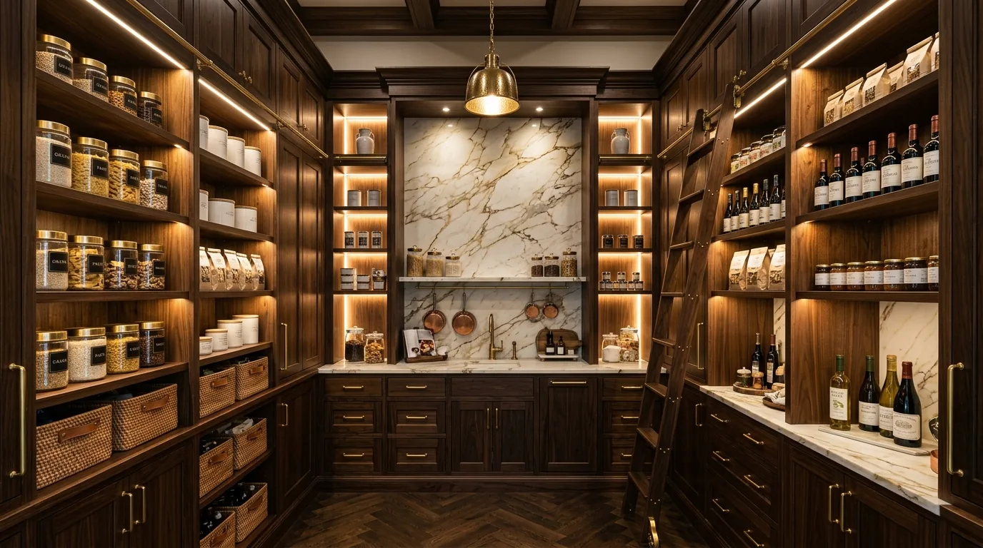 Minimal pantry with matte white cabinets