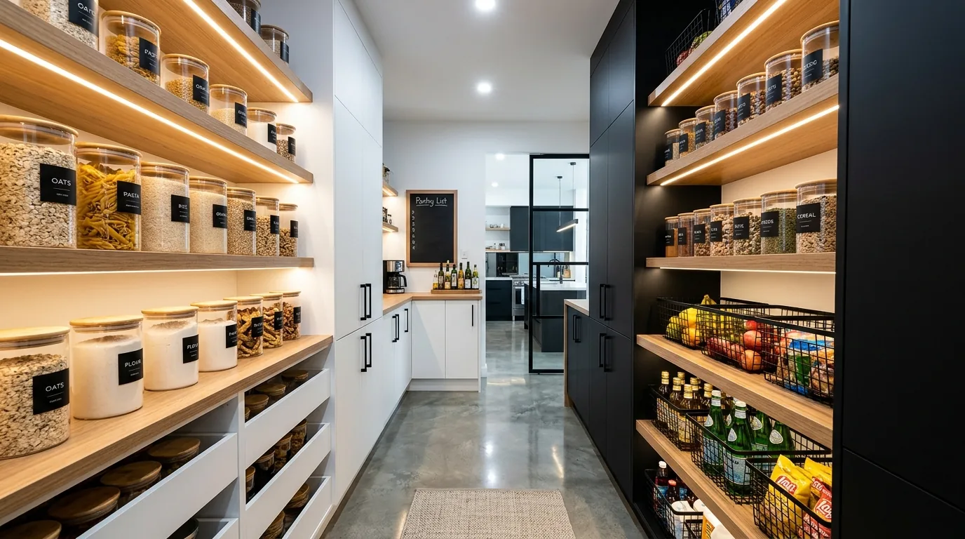 Small luxury pantry with pocket doors