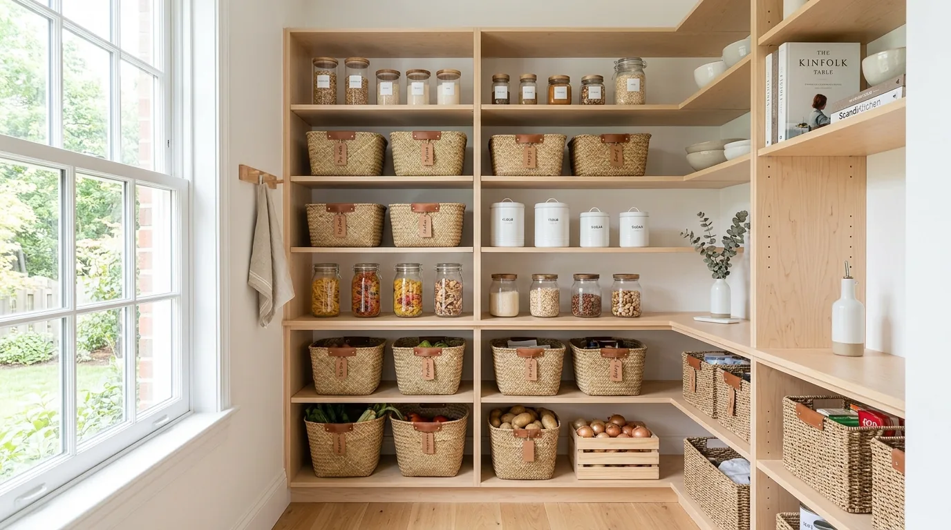 Open pantry shelving in warm greige tones