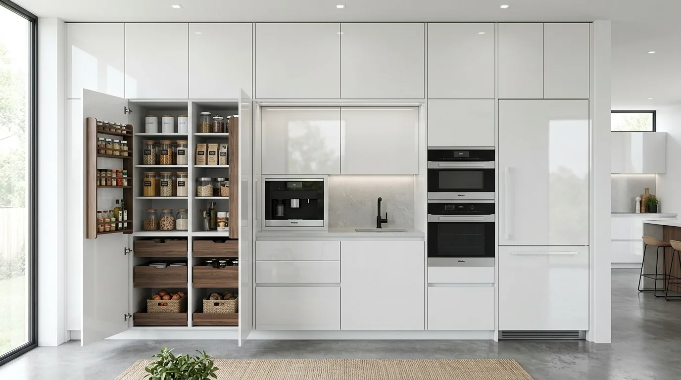 Modern walk in pantry with black framed glass door