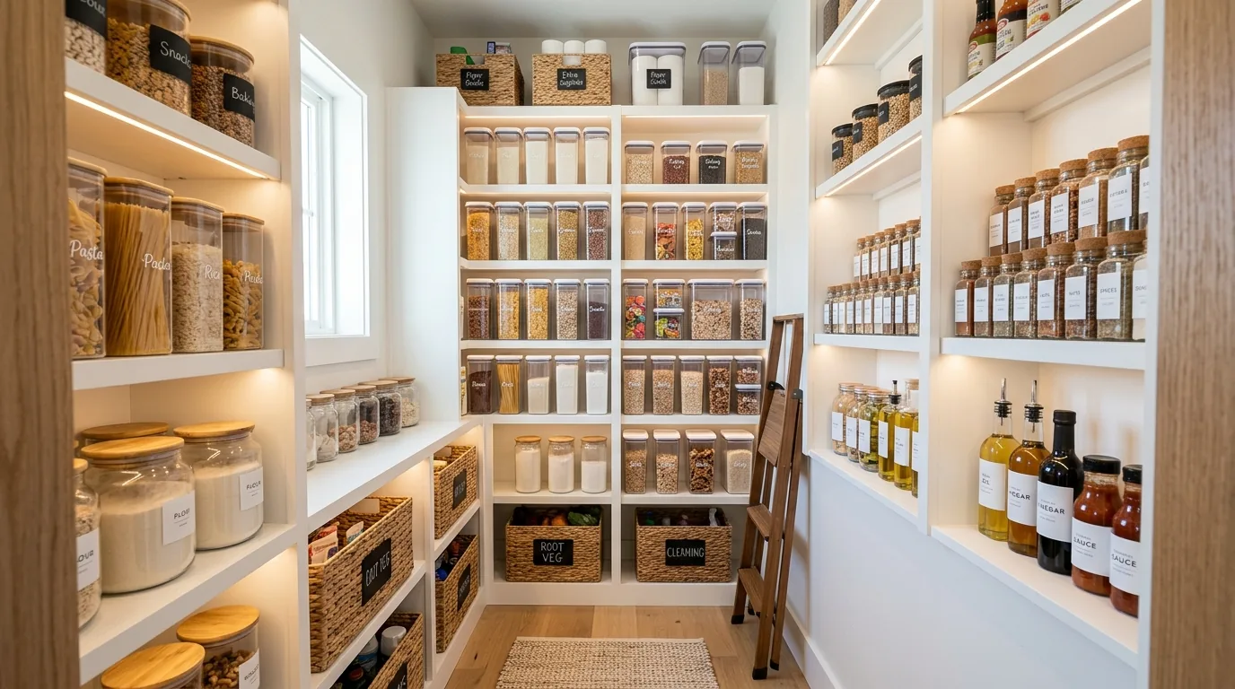Compact pantry alcove with integrated wine cubbies