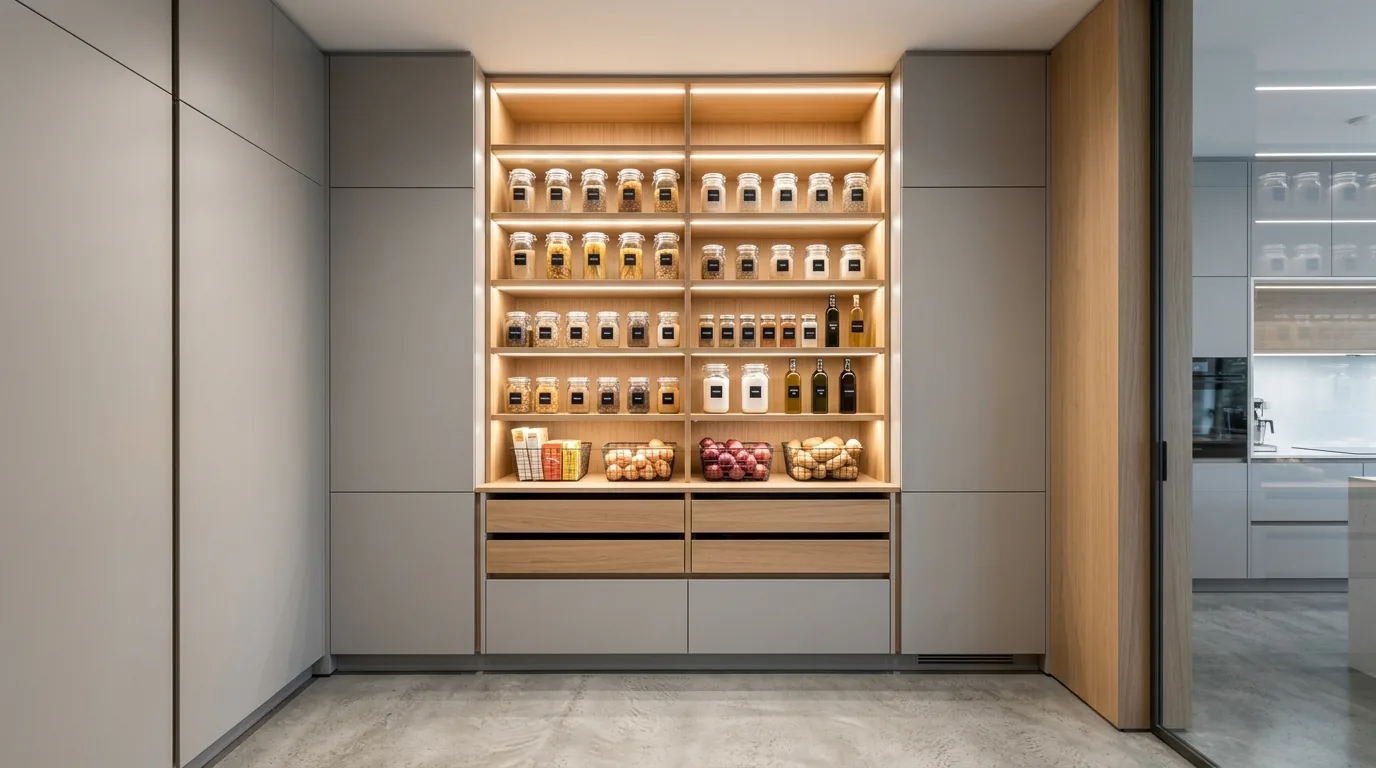 Dark wood luxury pantry with smoked glass cabinet fronts