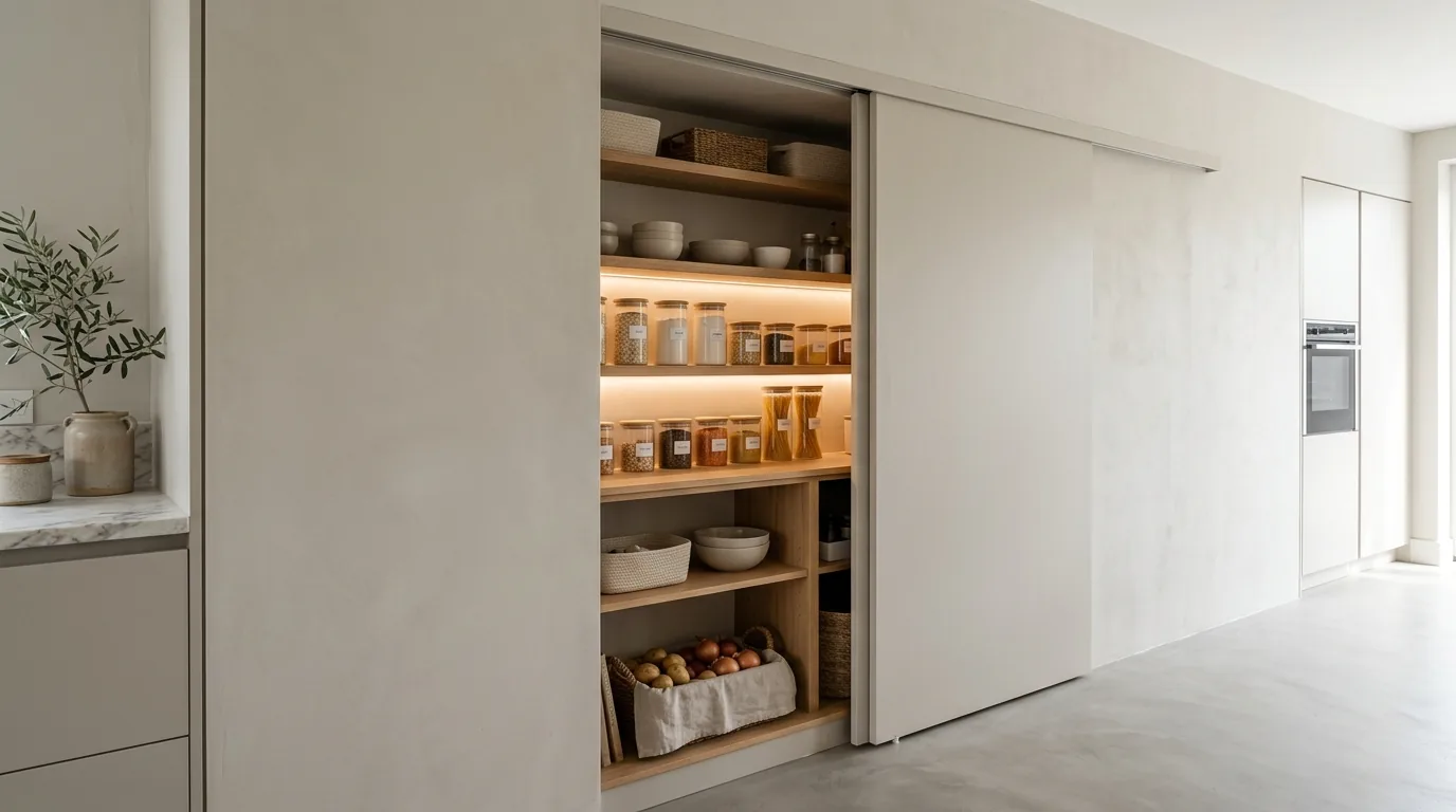 Minimalist pantry with rolling ladder