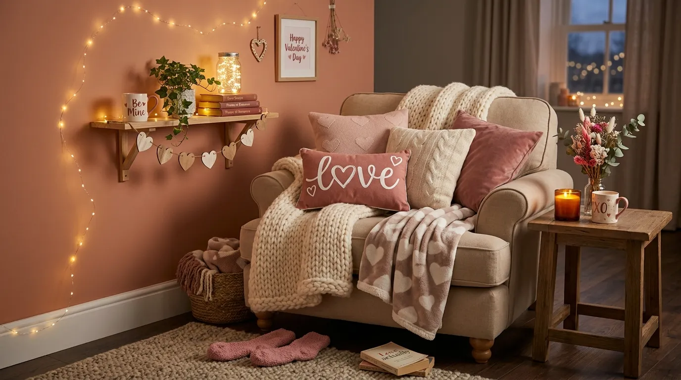 Bedroom with blush knit throw