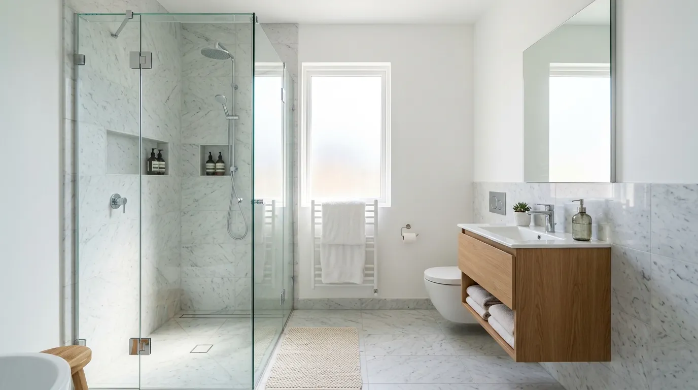 Compact bath with full-height stone backsplash