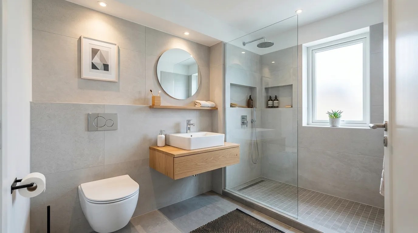 Tiny bathroom with pale limestone tile and large mirror wall