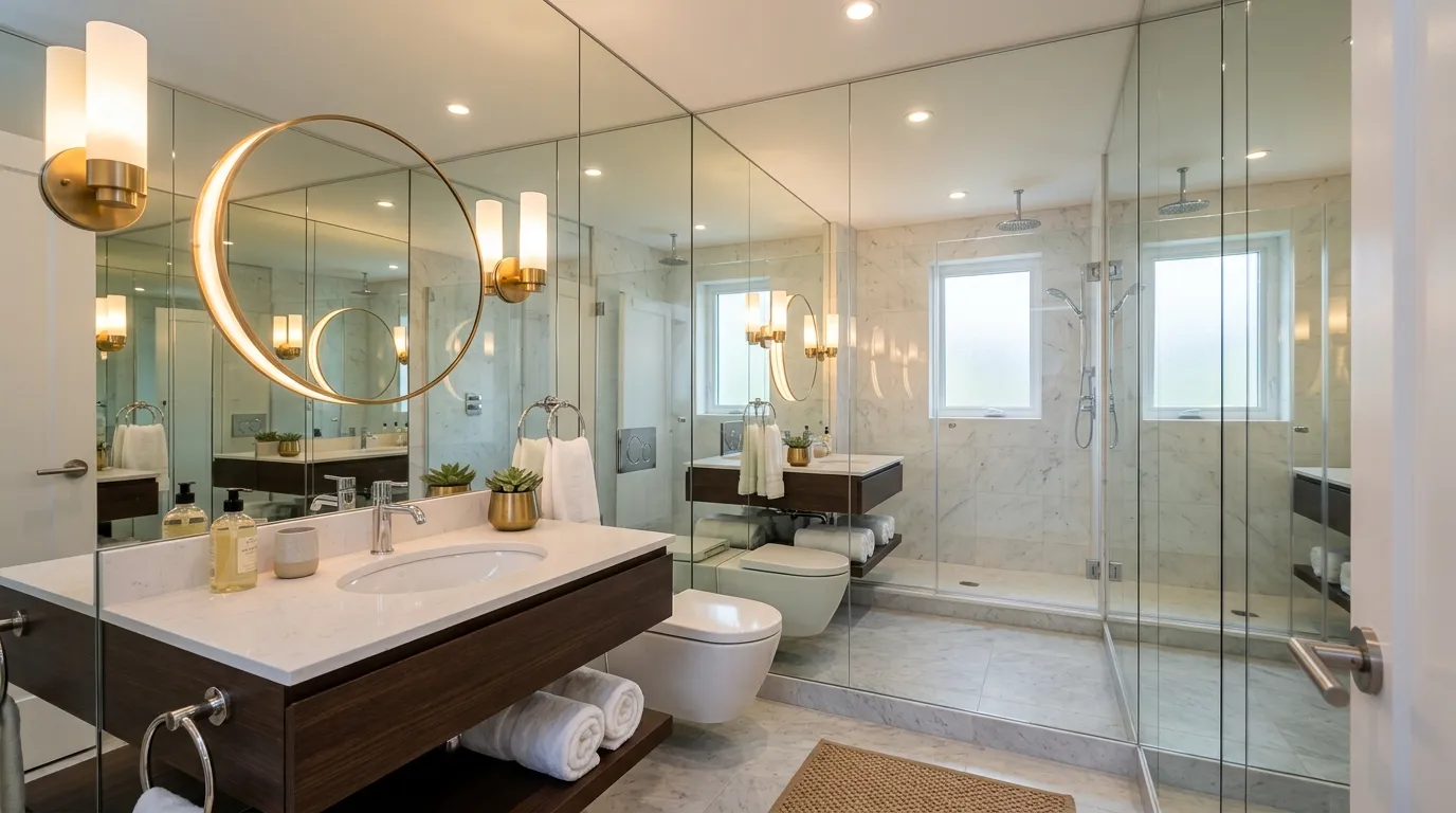 Luxury powder room with veined stone sink and moody sconces