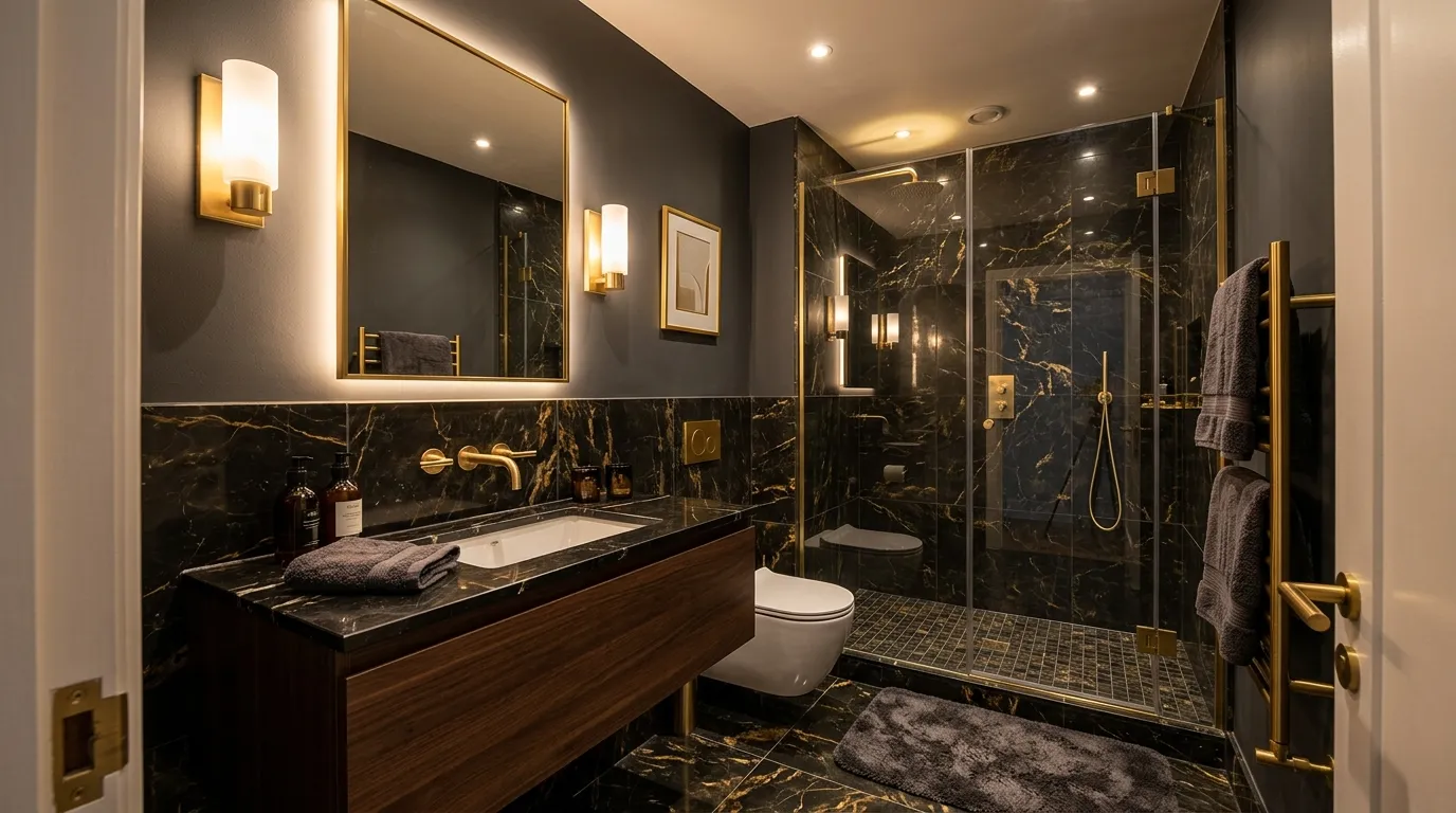 Small ensuite with ribbed vanity front