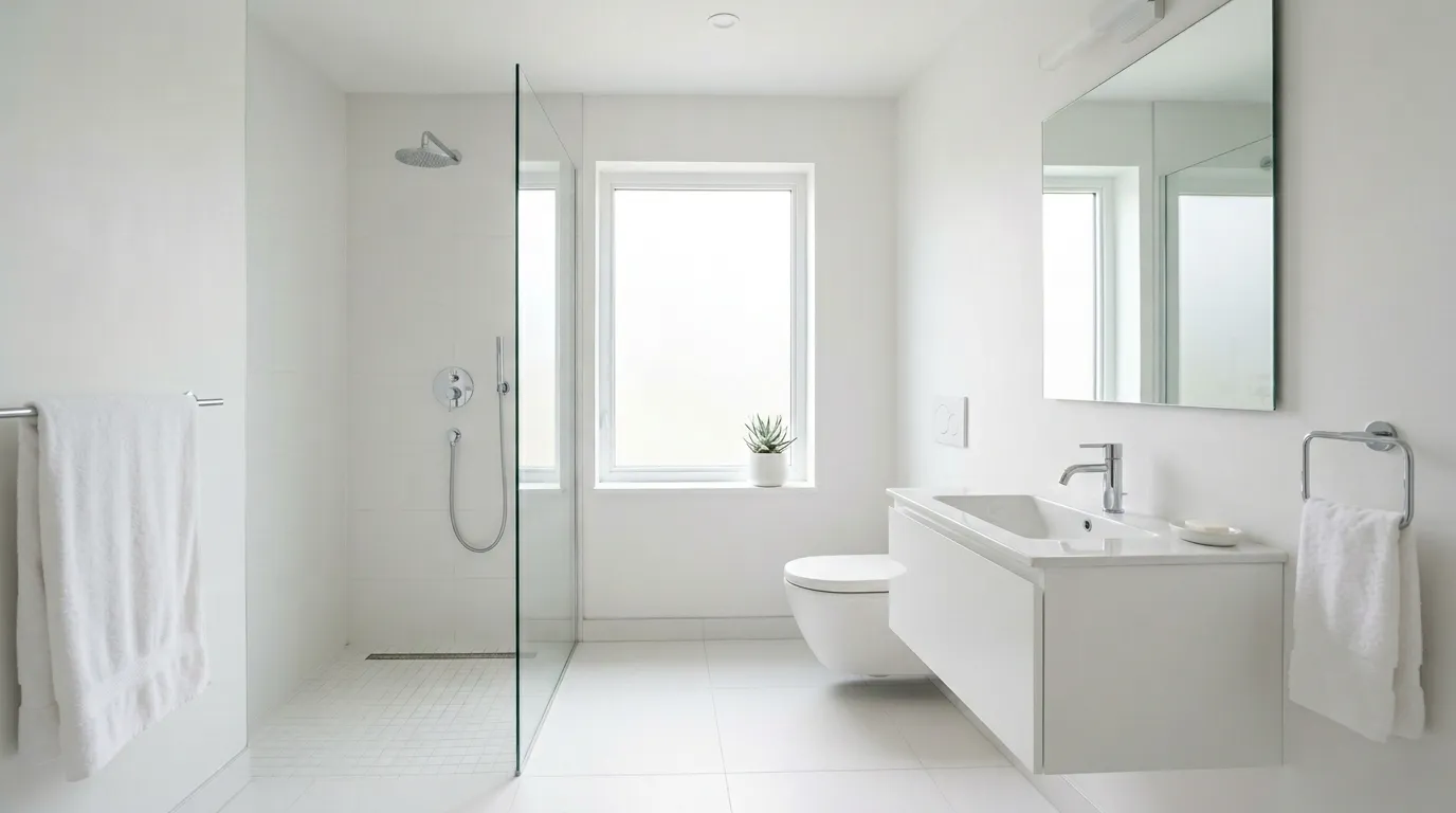 Narrow bathroom with continuous floor tile and recessed shower storage