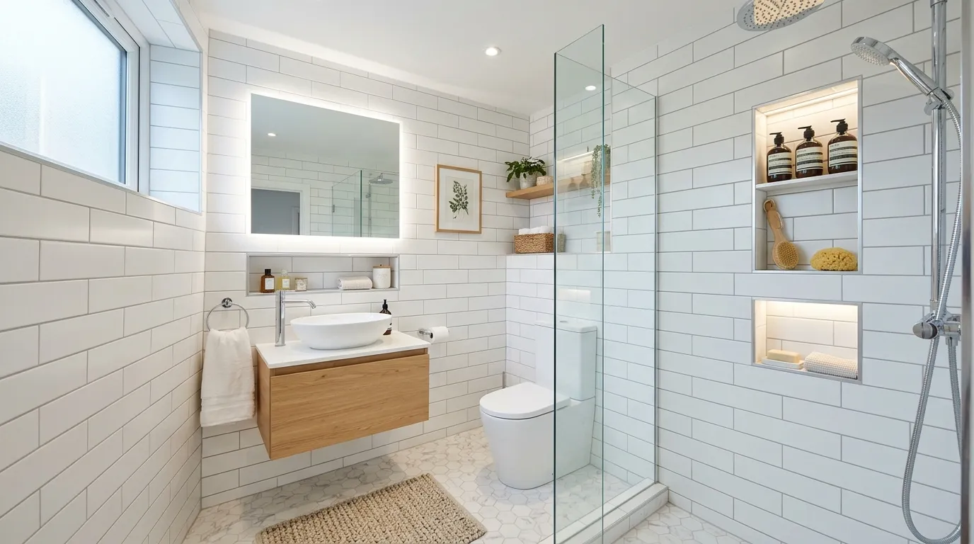 All-white luxury bath with niche shelving and chrome details