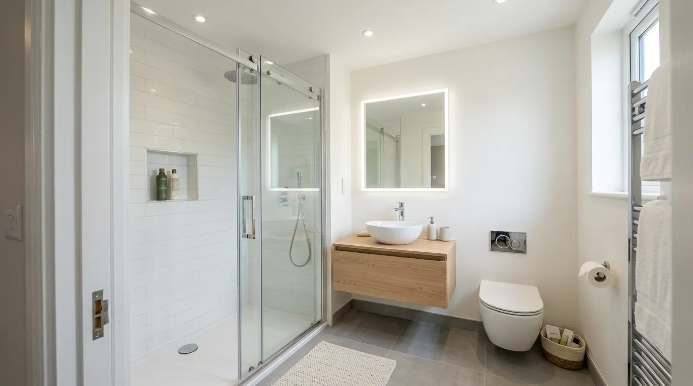 Compact bathroom with arched mirror and quartz vanity