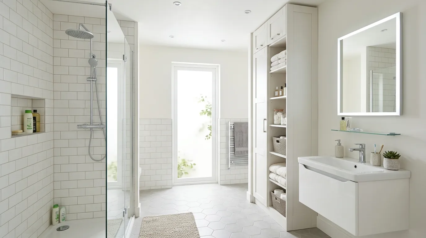Small bath with mirrored cabinet wall and clear screen shower