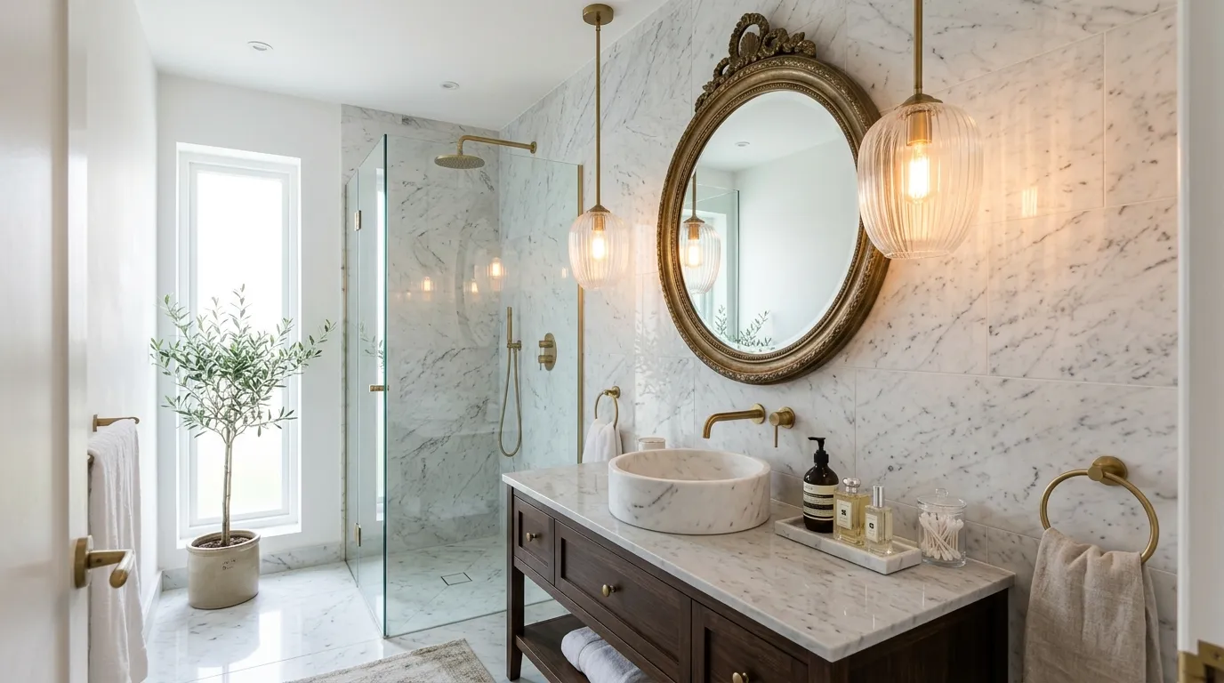 Cinematic luxury small bathroom with seamless finishes
