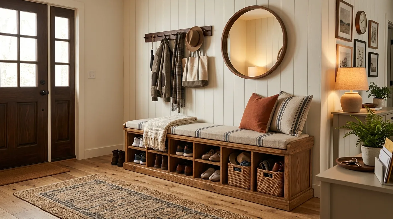 Narrow entry wall with floating shelf and peg rail