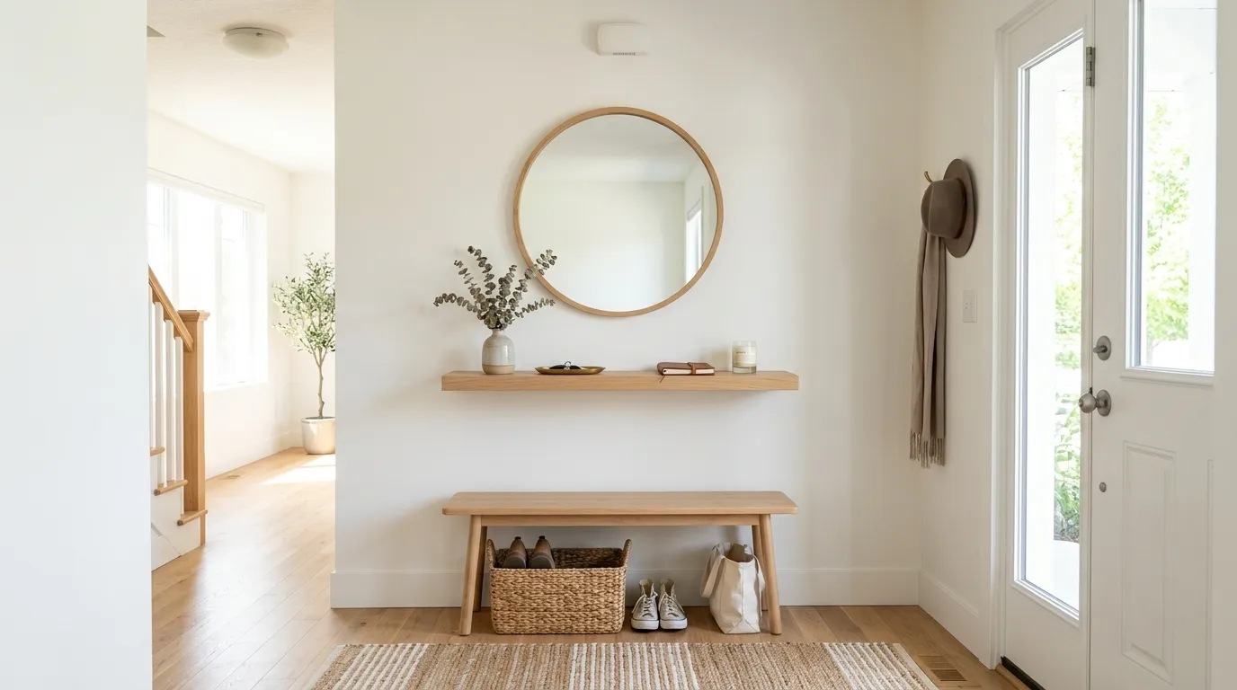 Apartment entrance with closed shoe cabinet and tall mirror