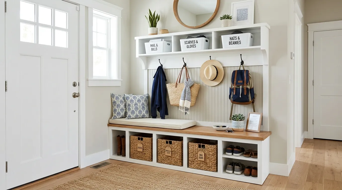 Mini mudroom with labeled baskets and wood bench
