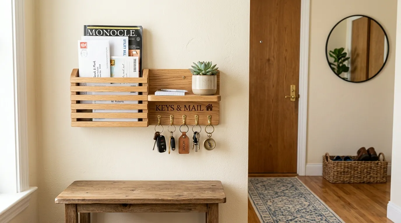 Tiny entry corner with wall drawers and petite stool