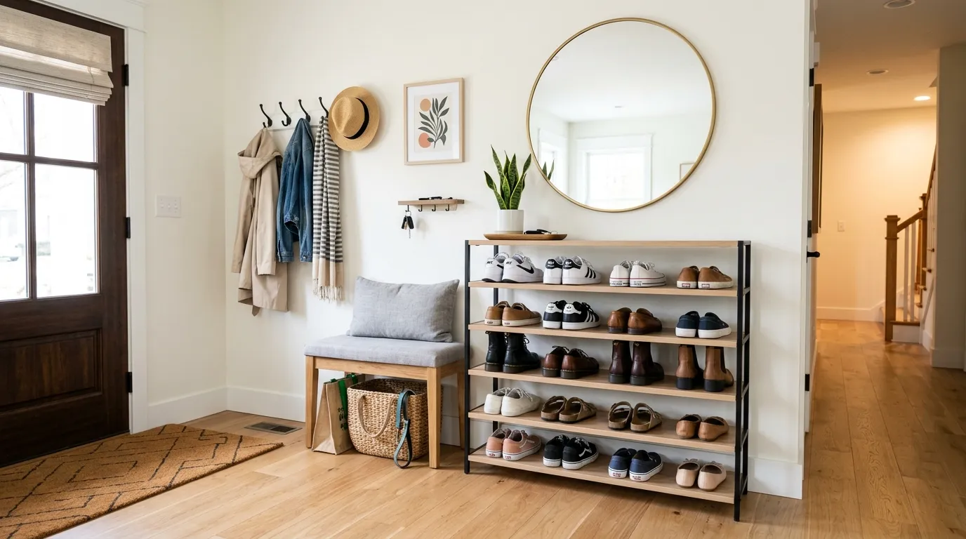 Entryway with wallpaper accent wall and curved bench