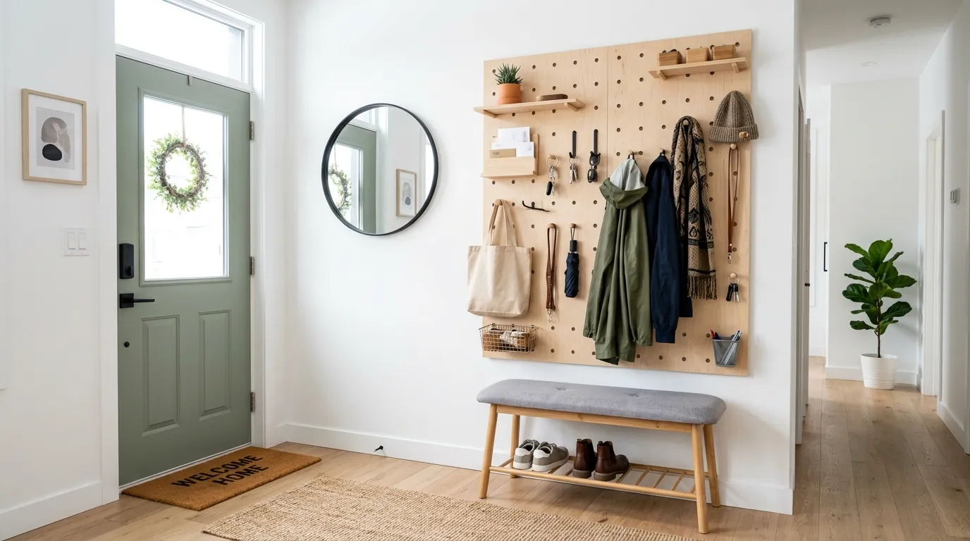 Coastal small foyer with beadboard wall and natural-fiber baskets